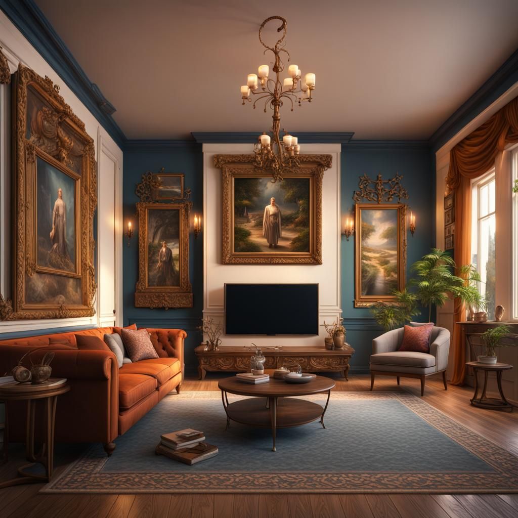 Fantastical Living Room with Family Photos in Detailed Matte...