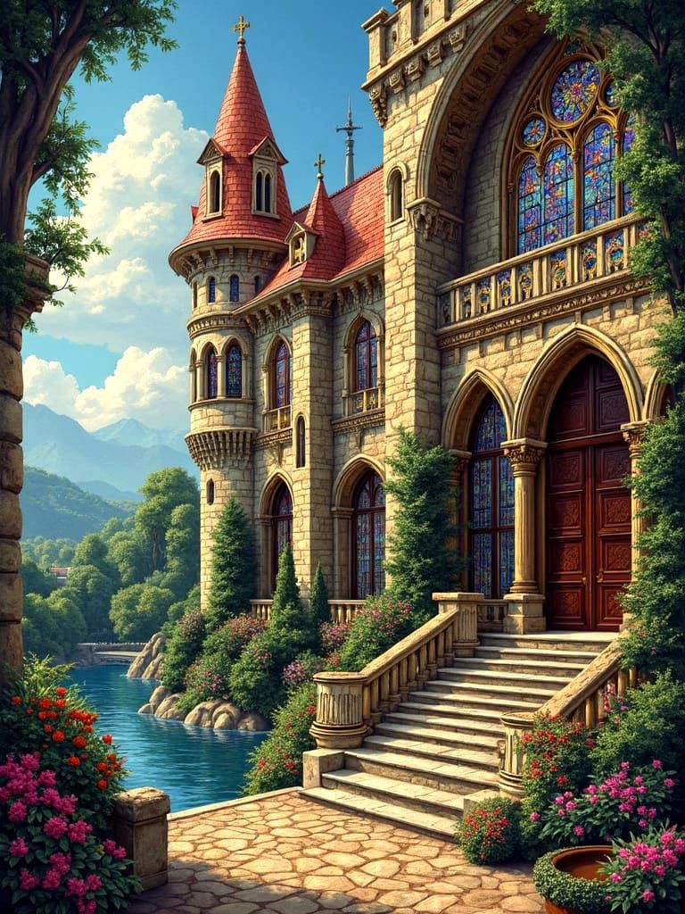 Vibrant Renaissance Abbey in Needlepoint Art