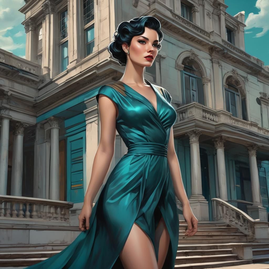 Striking Woman in Teal Dress, Comic Book Style