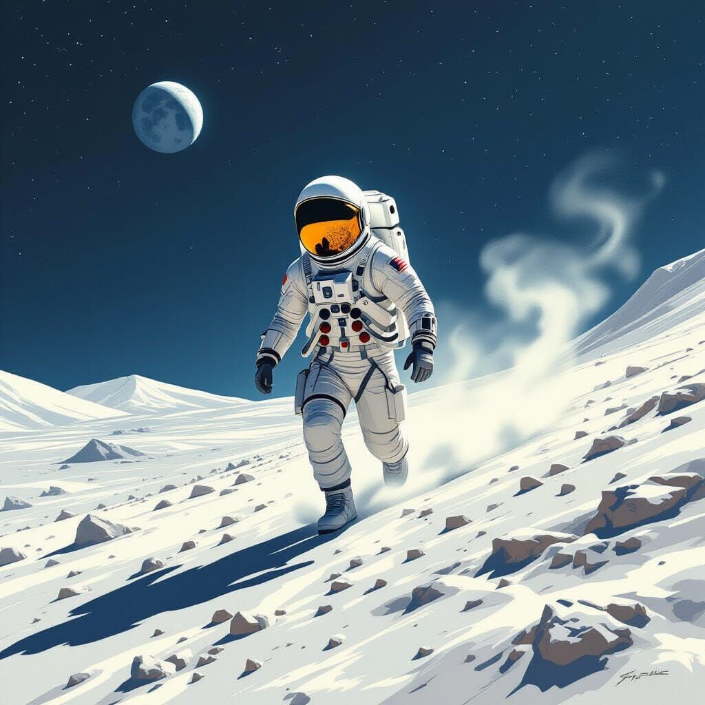 Astronaut Runs on Moon in Futuristic Sci-Fi Style