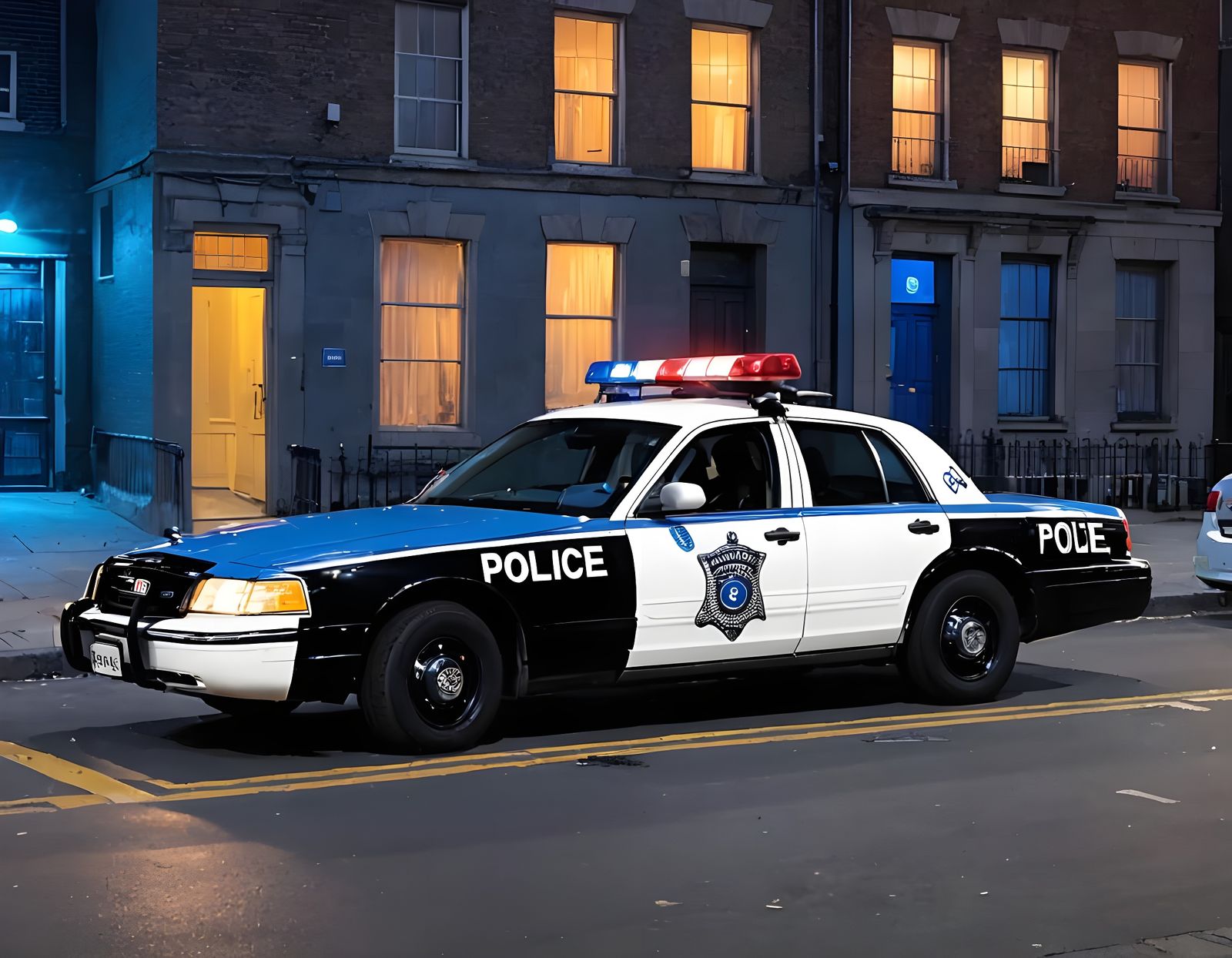 Police Car with Lights On, Officer Inside