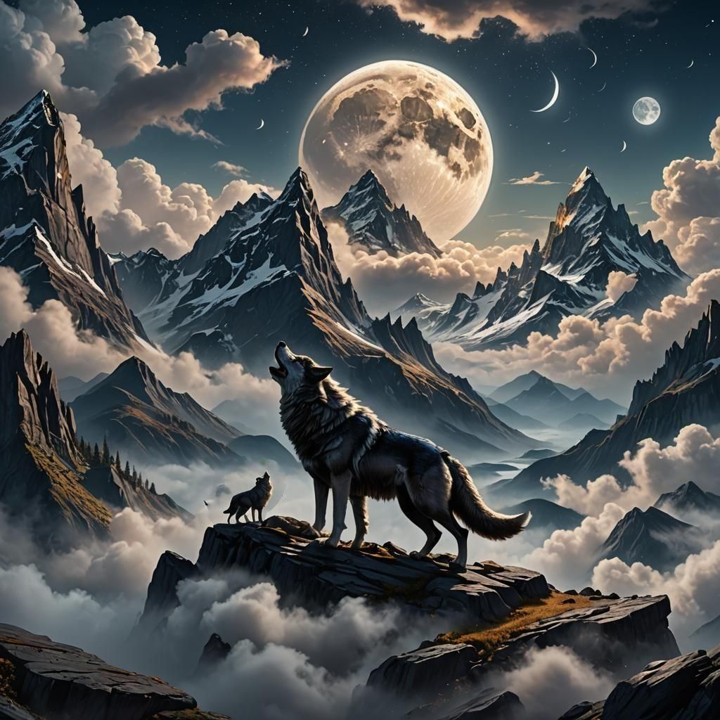 Navy Book Cover with Wolf and Moon: Fantasy Art