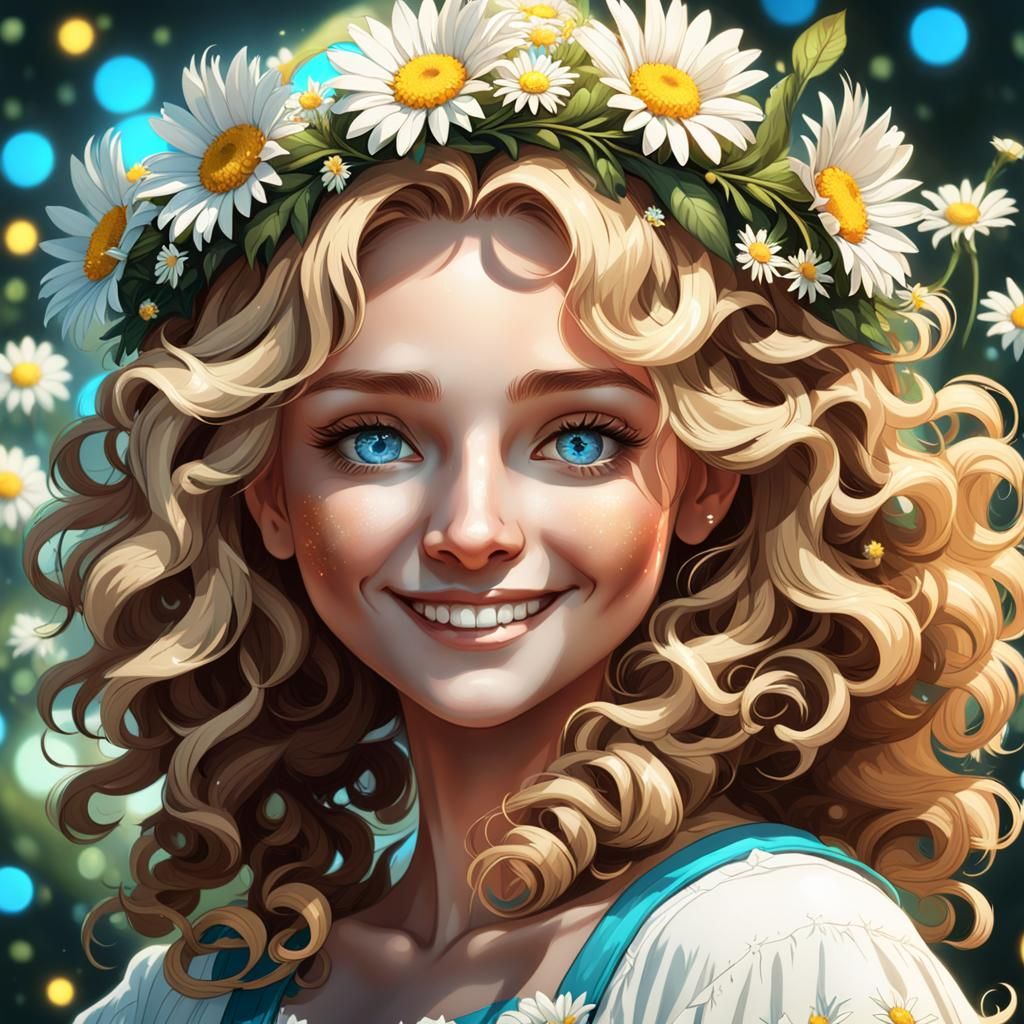Smiling Girl with Daisy Wreath: Hyperdetailed Portrait