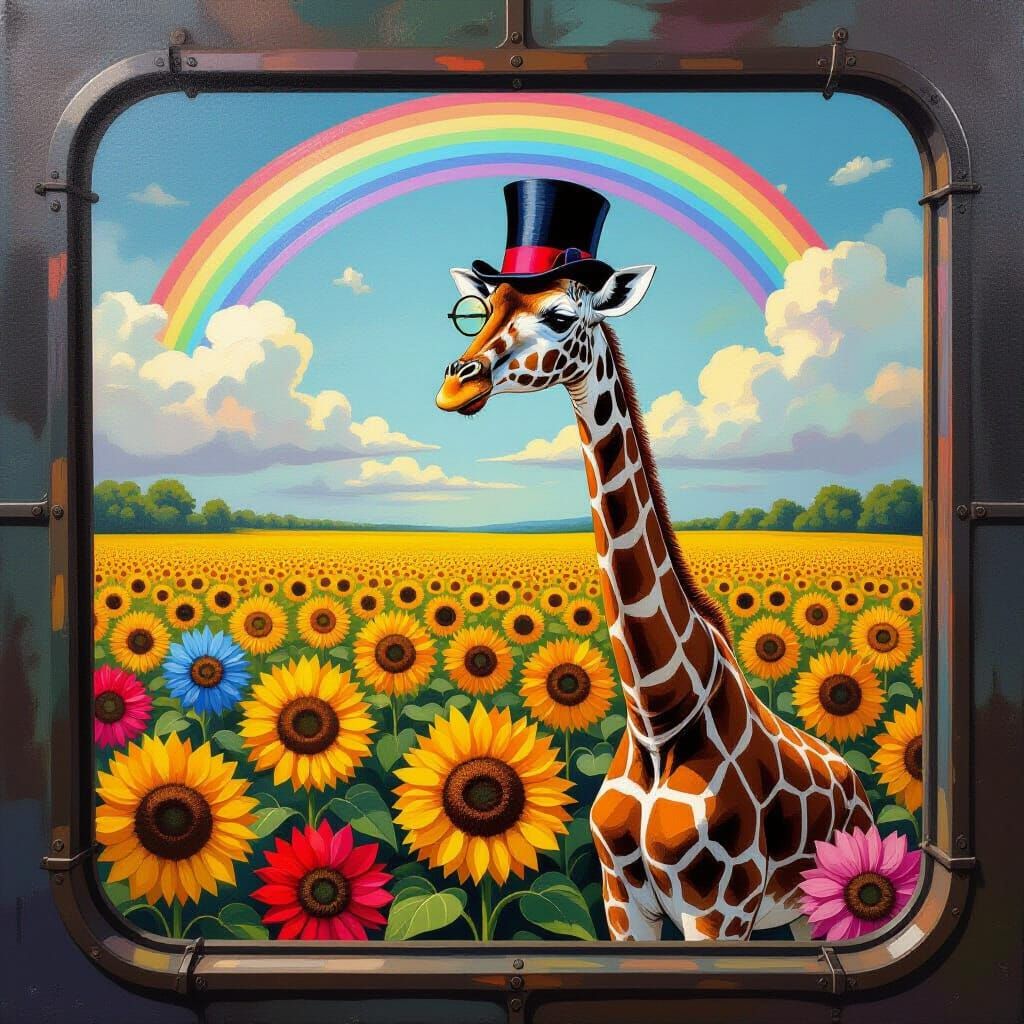 Surreal Giraffe in Sunflower Field, Impasto Painting