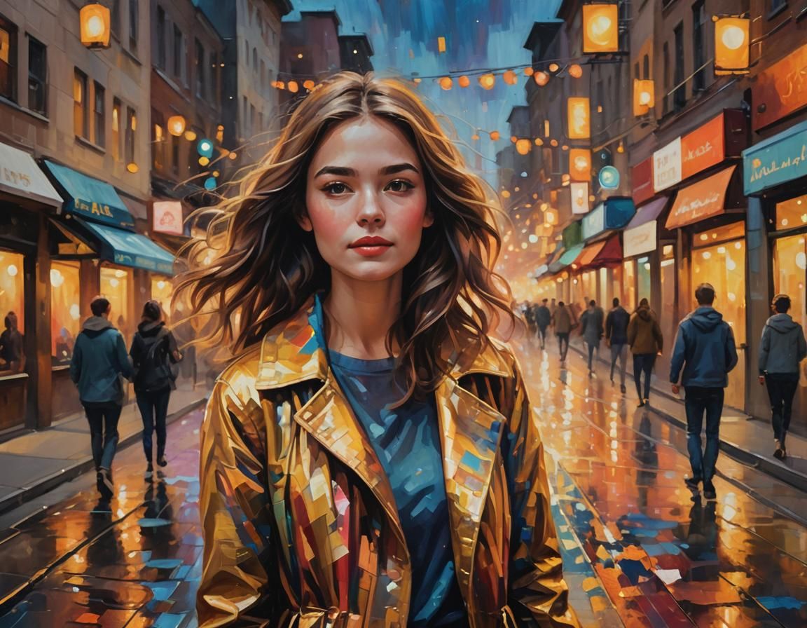 Woman Aglow in Sparkling City Lights as Oil Painting