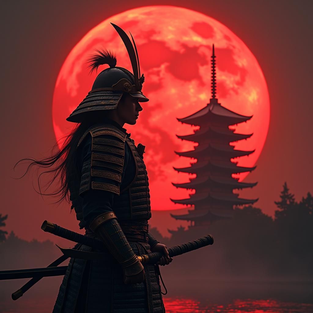 Samurai and Pagoda with Red Moon in Ash Thorp Style