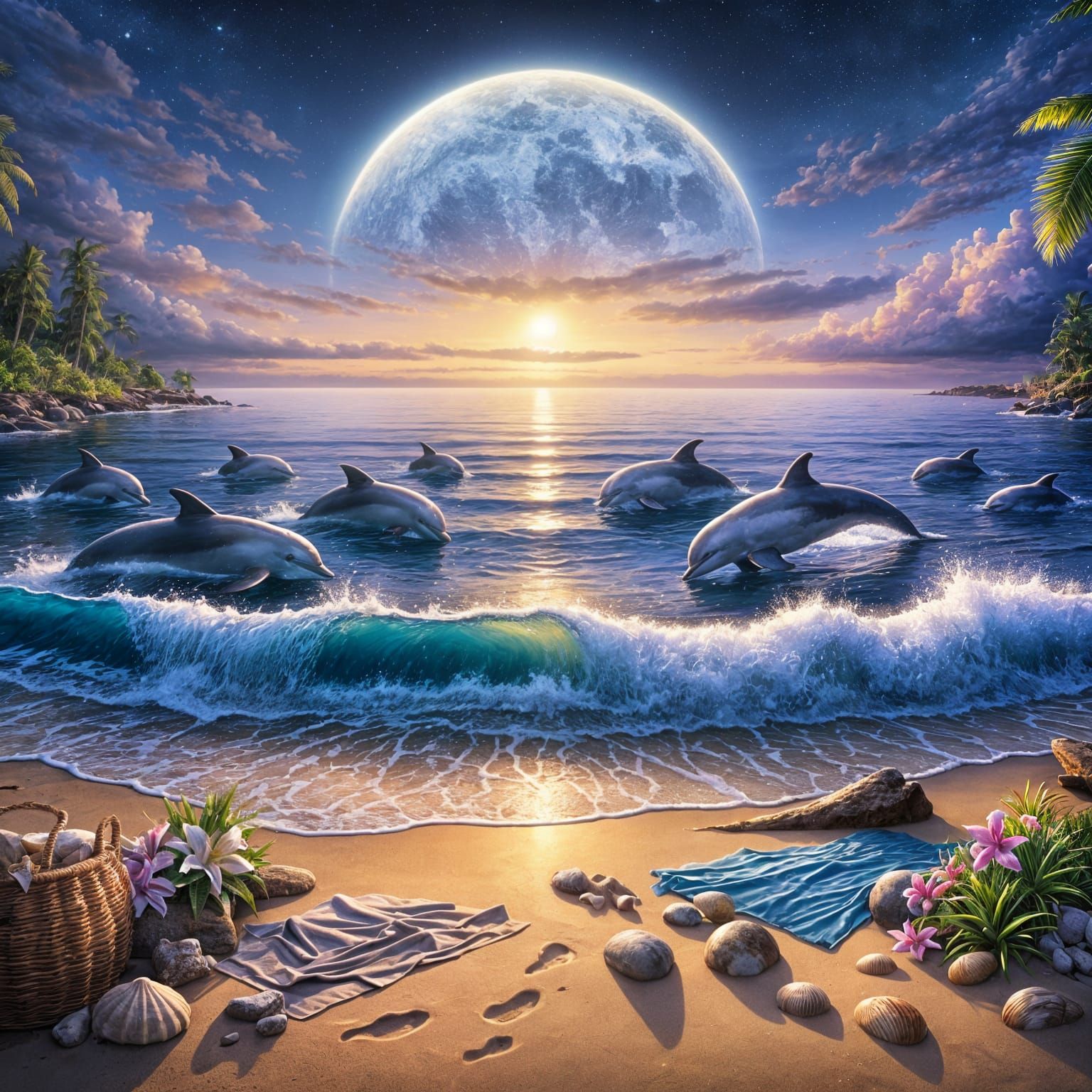 Dolphins Play in Moonlit Ocean at Sunset