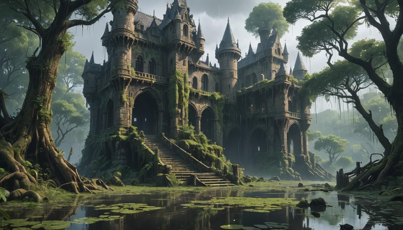 Anime Castle Ruins in Rainy Swamp