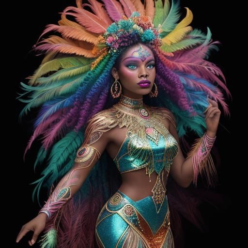 Surreal Woman with Peacock Feathers in Pablo Amaringo Style