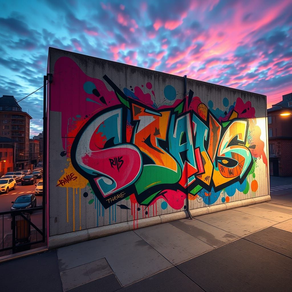 Dusk Cityscape with Melting Graffiti Mural