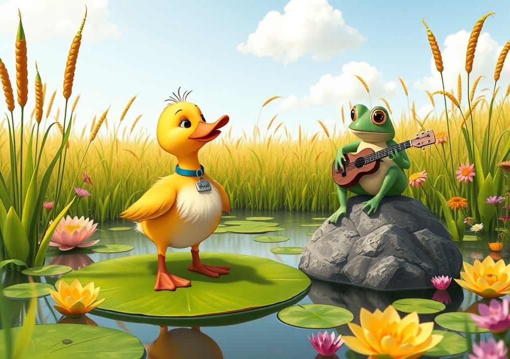 Pixar Duckling and Frog Serenade in Pond