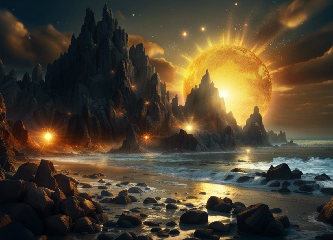 Fantasy Shoreline at Midnight with Golden Sun