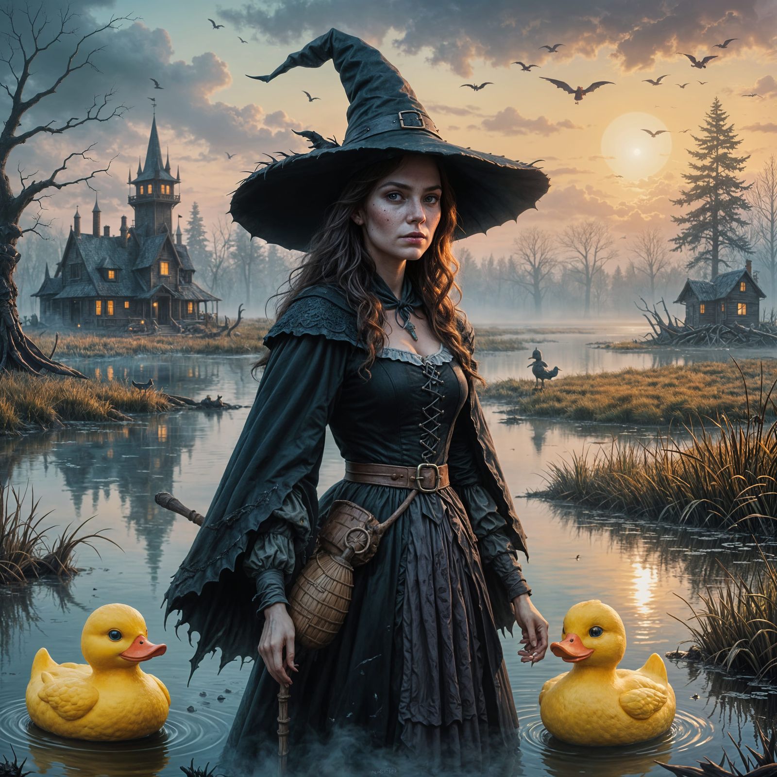 Dark Fantasy Witch Confronts a Rubber Duck Monster in a Morn...