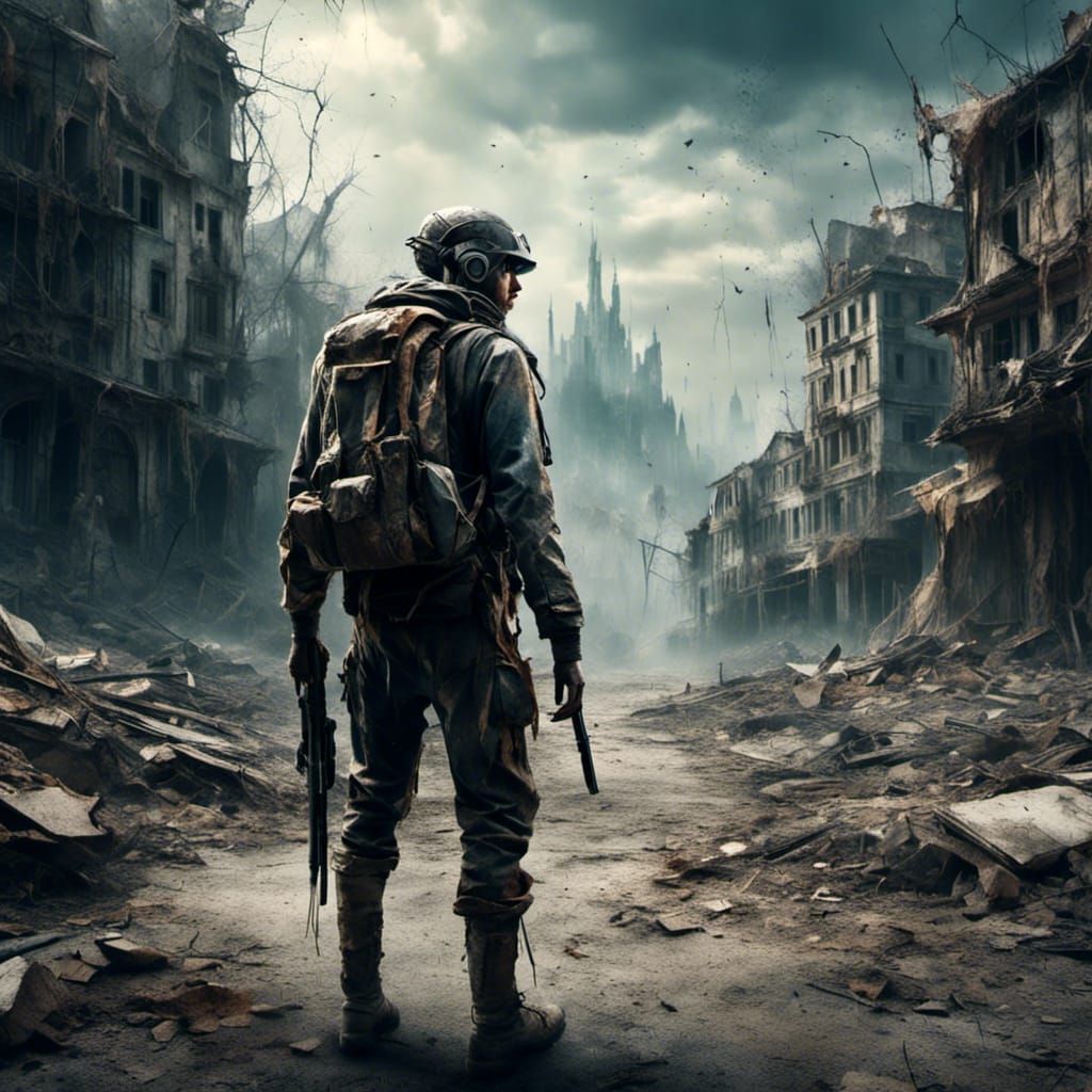Futuristic Soldier in Post-Apocalyptic Cityscape