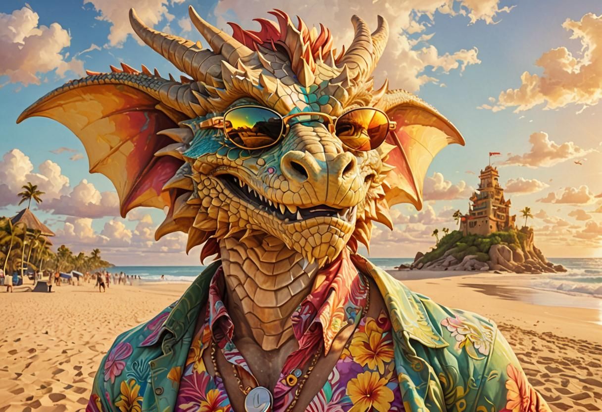 Psychedelic Dragon Portrait on Tropical Beach