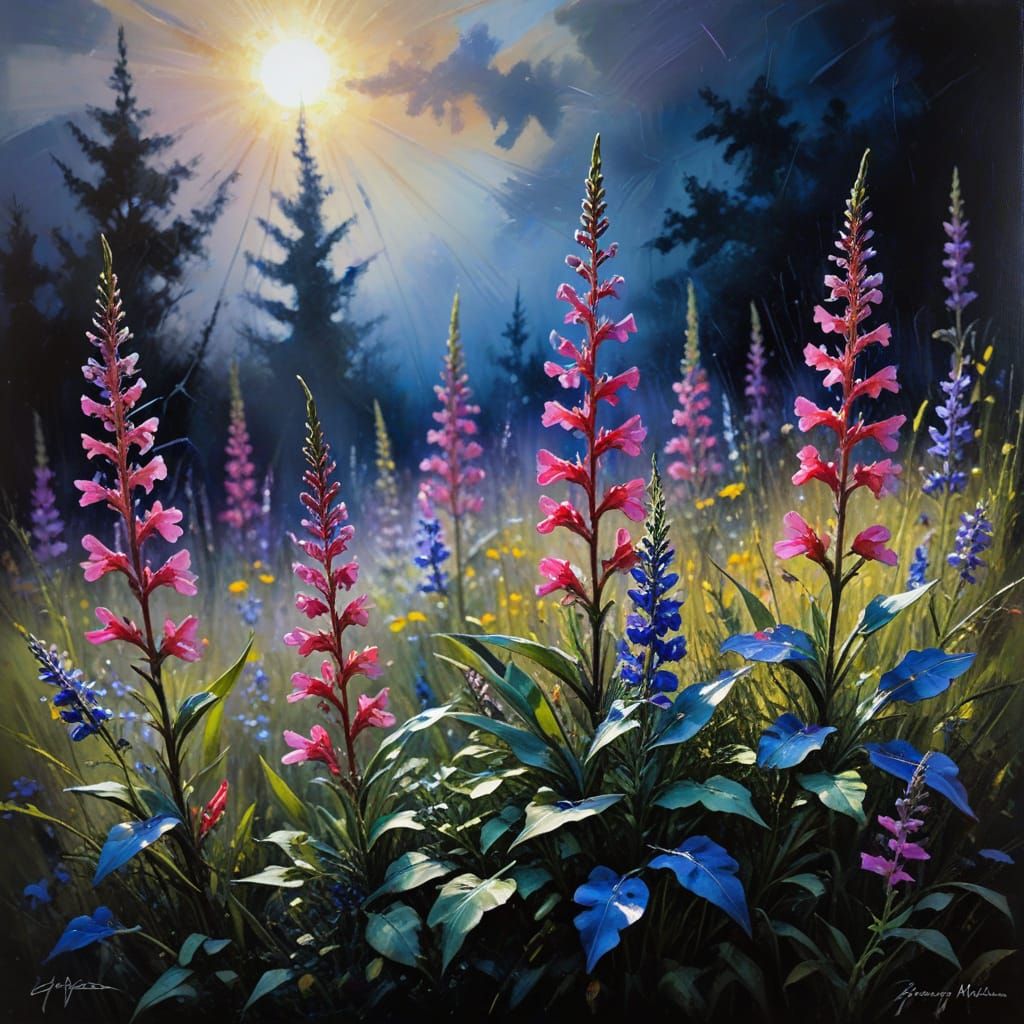 Encaustic Penstemon Garden: Abstract Oil Painting