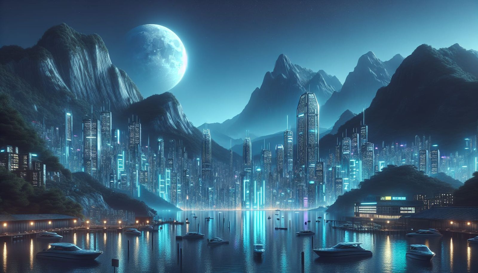Cyberpunk City by Lake Under Moonlight