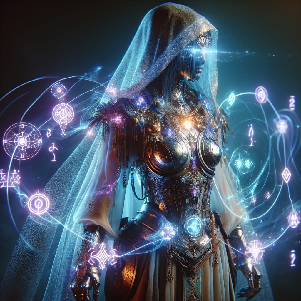 Cyberpunk Battle Mage in Translucent Robes