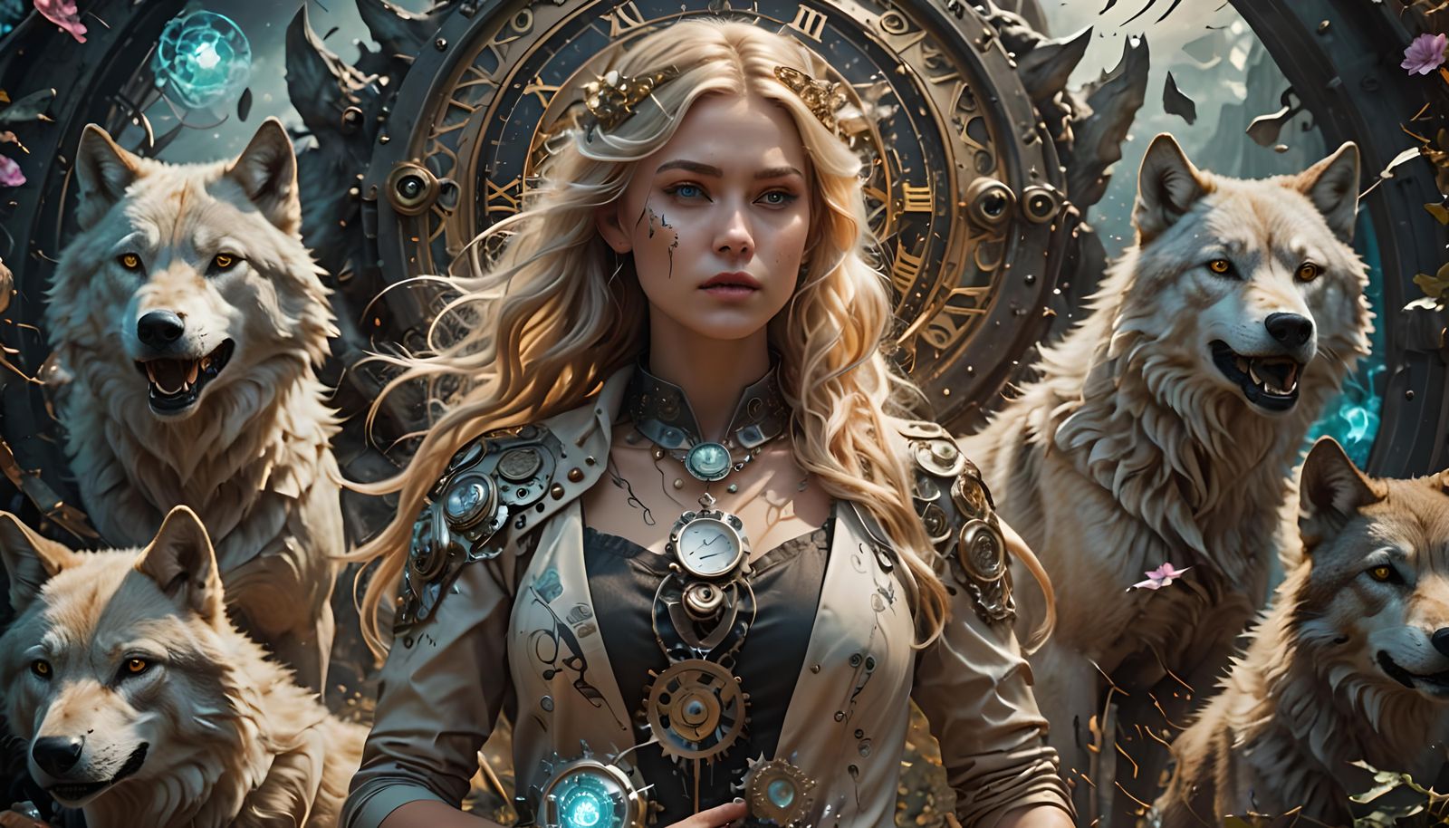 Woman and Wolves in Mystical Landscape