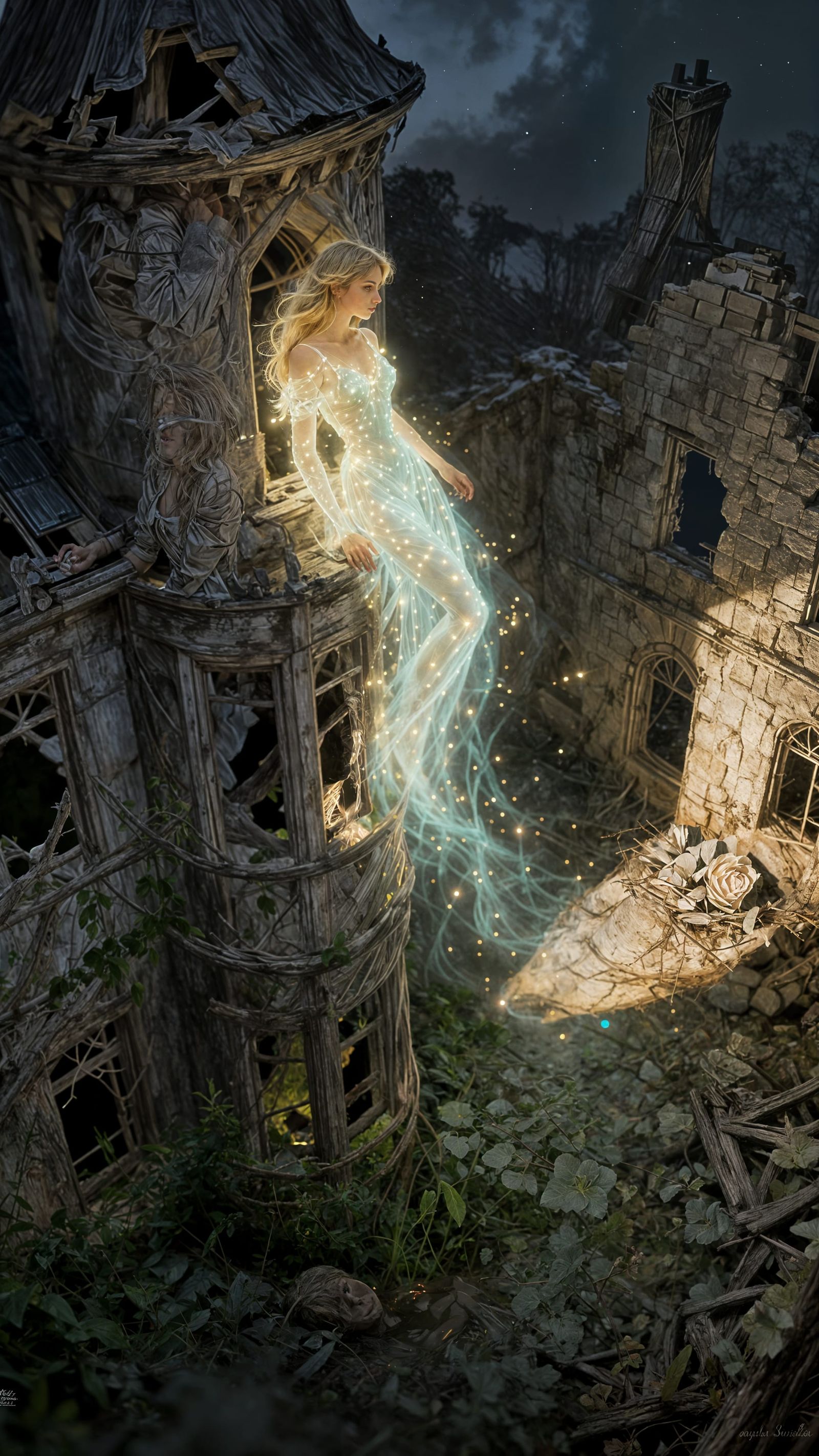 Glowing Ghost Descends Ruined Mansion in Detailed Fantasy St...