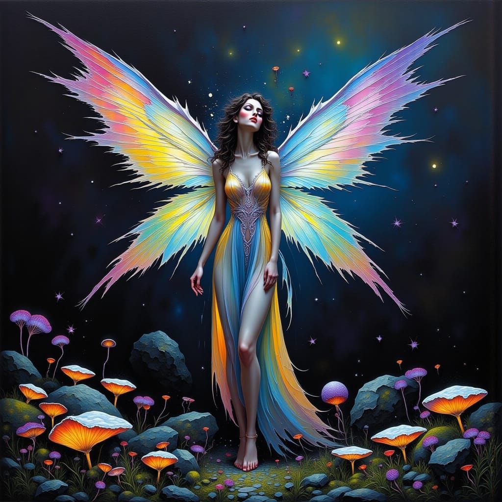 Ethereal Fairy Hovering Over Bioluminescent Fungi Field