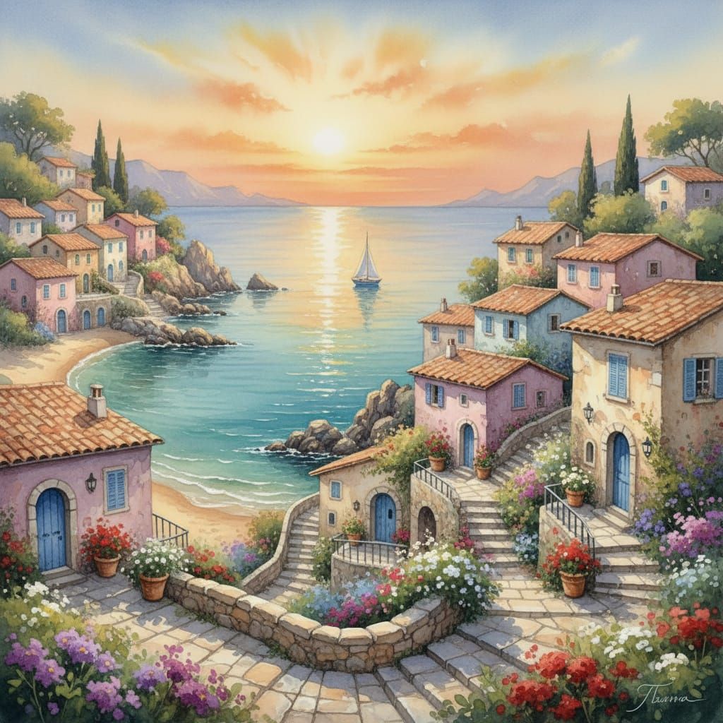 Seaside Village at Golden Sunset Watercolor Painting