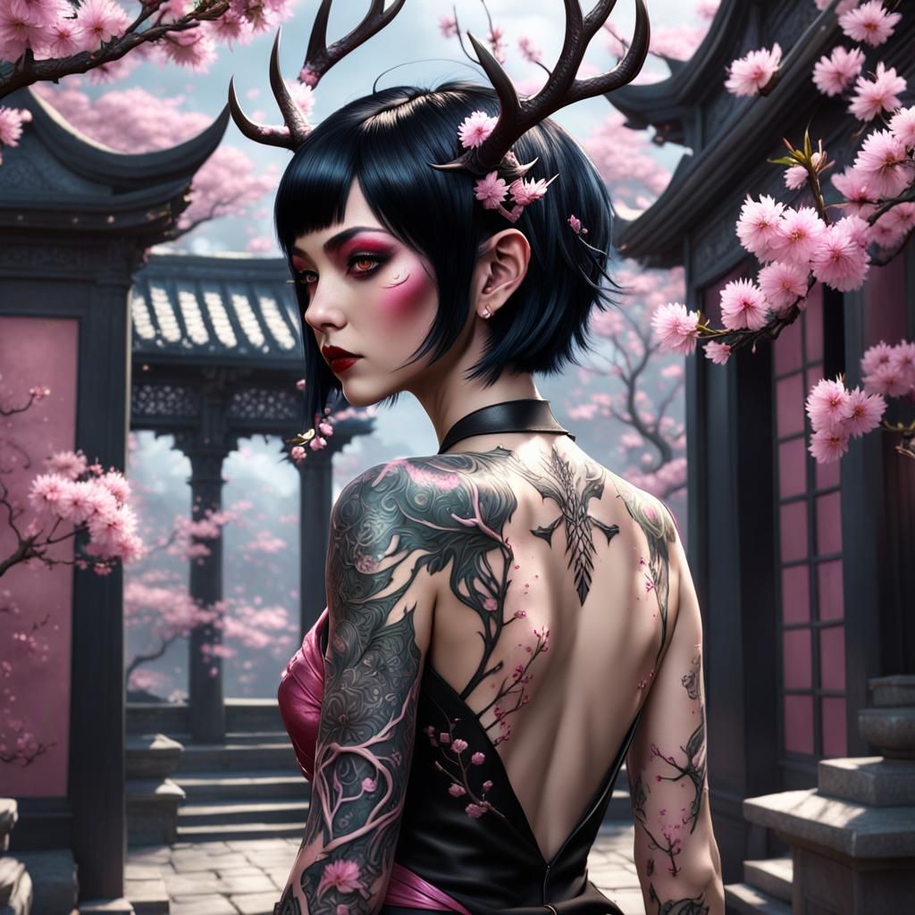 Goth Elf Girl with Cherry Blossom Tattoo