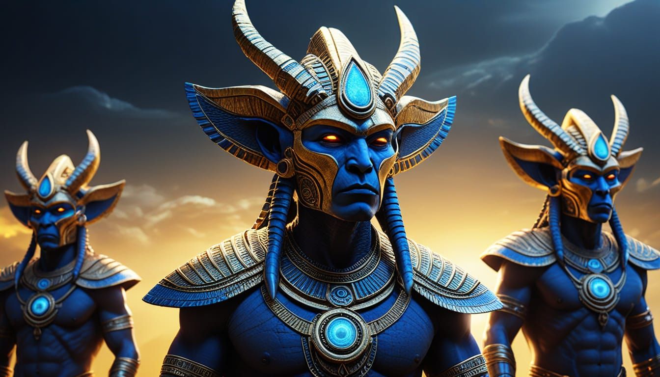 Anunnaki Aliens with Horned Caps and Glowing Auras