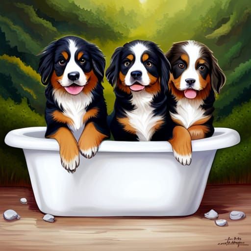 Bernese Mountain Dog Puppies in a Bathtub