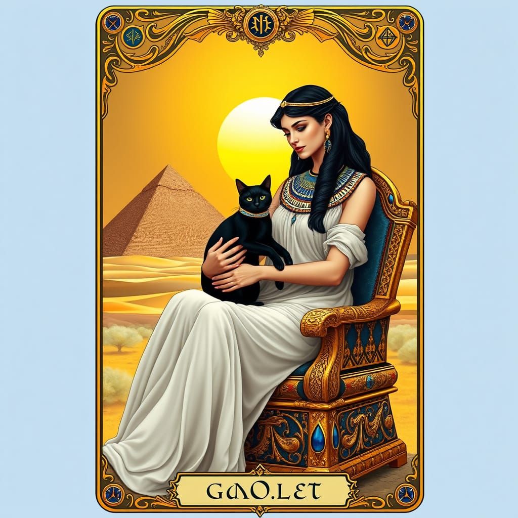 Elegant Golden Tarot Card Scene with Egyptian Goddess and Py...