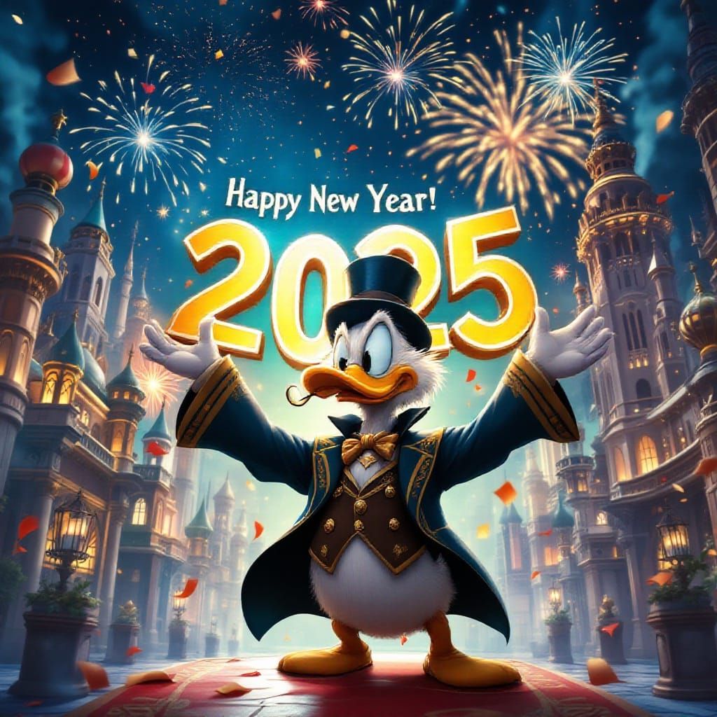 A festive -themed scene with Scrooge McDuck in an epic Silve...