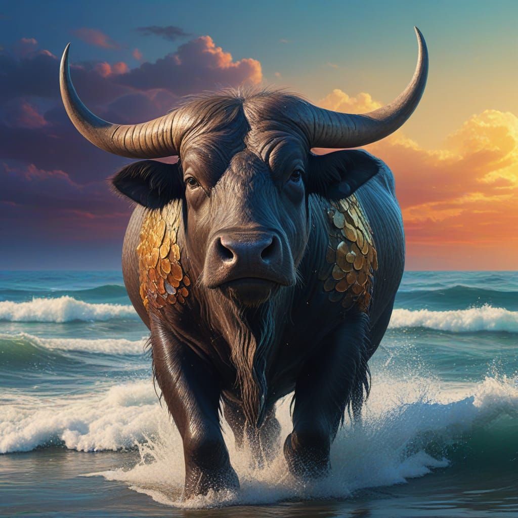 Majestic Water Buffalo in Aquatic Fantasy Art