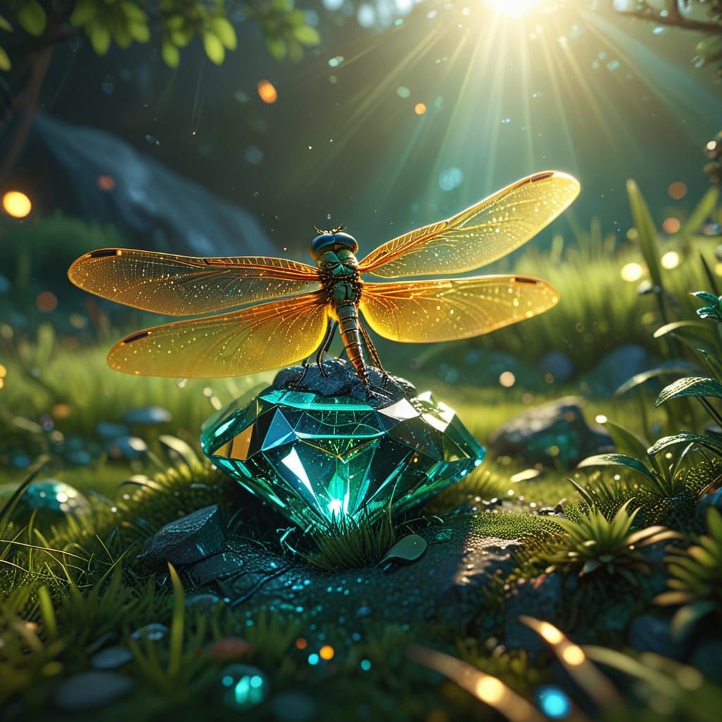 Vibrant Dragonfly on a Red Diamond in a Lush Meadow