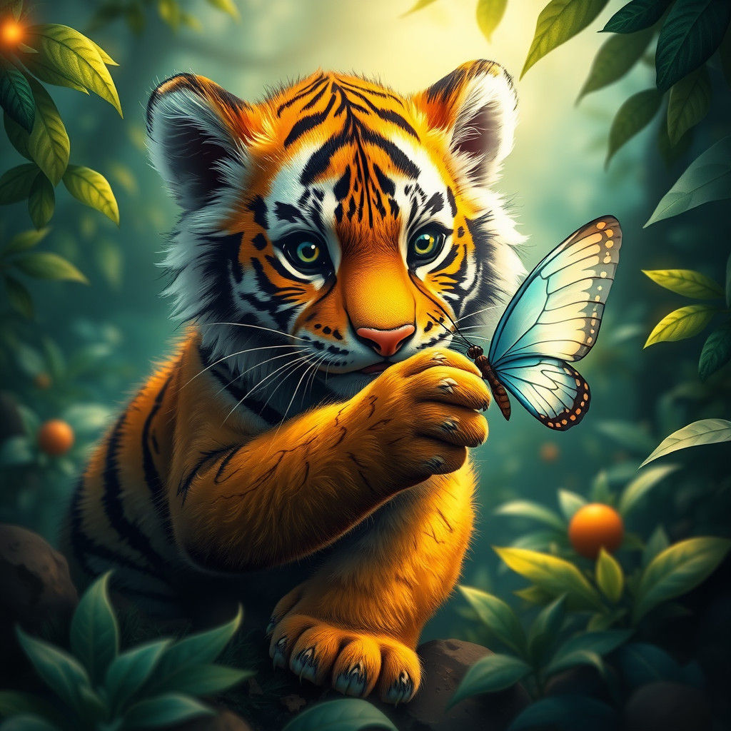 Enchanted Tiger Cub Reaching for Butterfly
