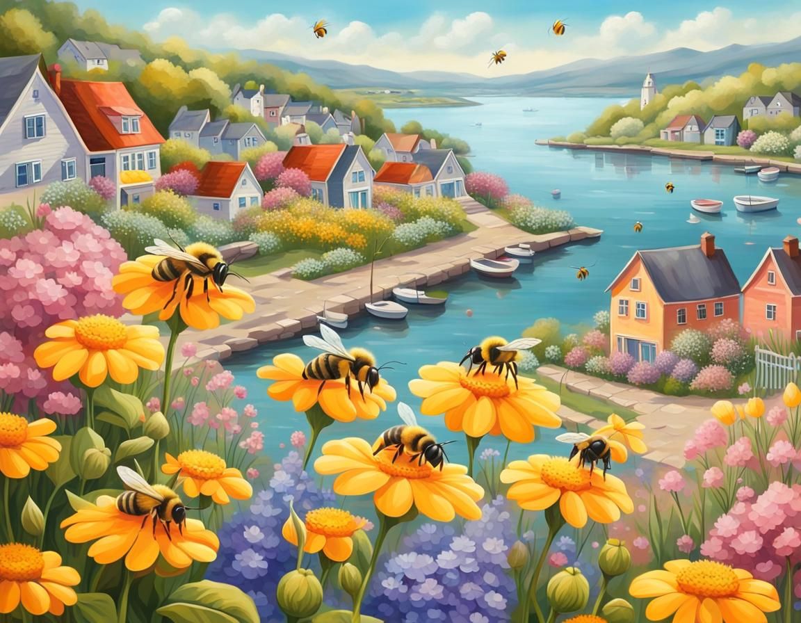 Bees Pollinating Flower Garden in Spring