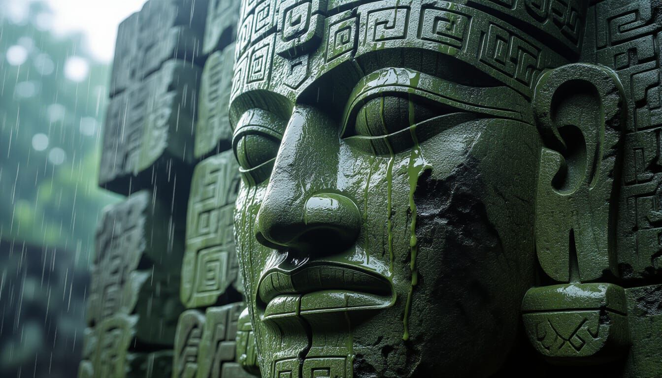 Cracked Olmec Stone Head in Geometric Style