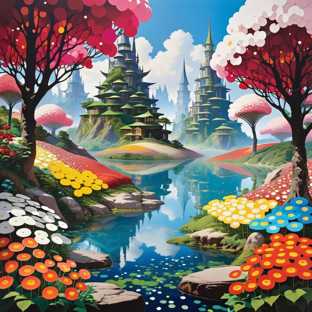 Enchanted Fantasy Landscape with Magic Flowers