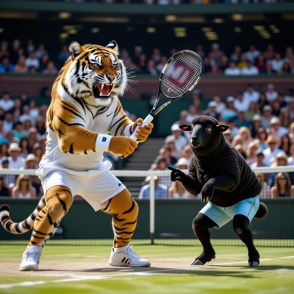 Anthropomorphic Tiger and Sheep Tennis Showdown at Wimbledon