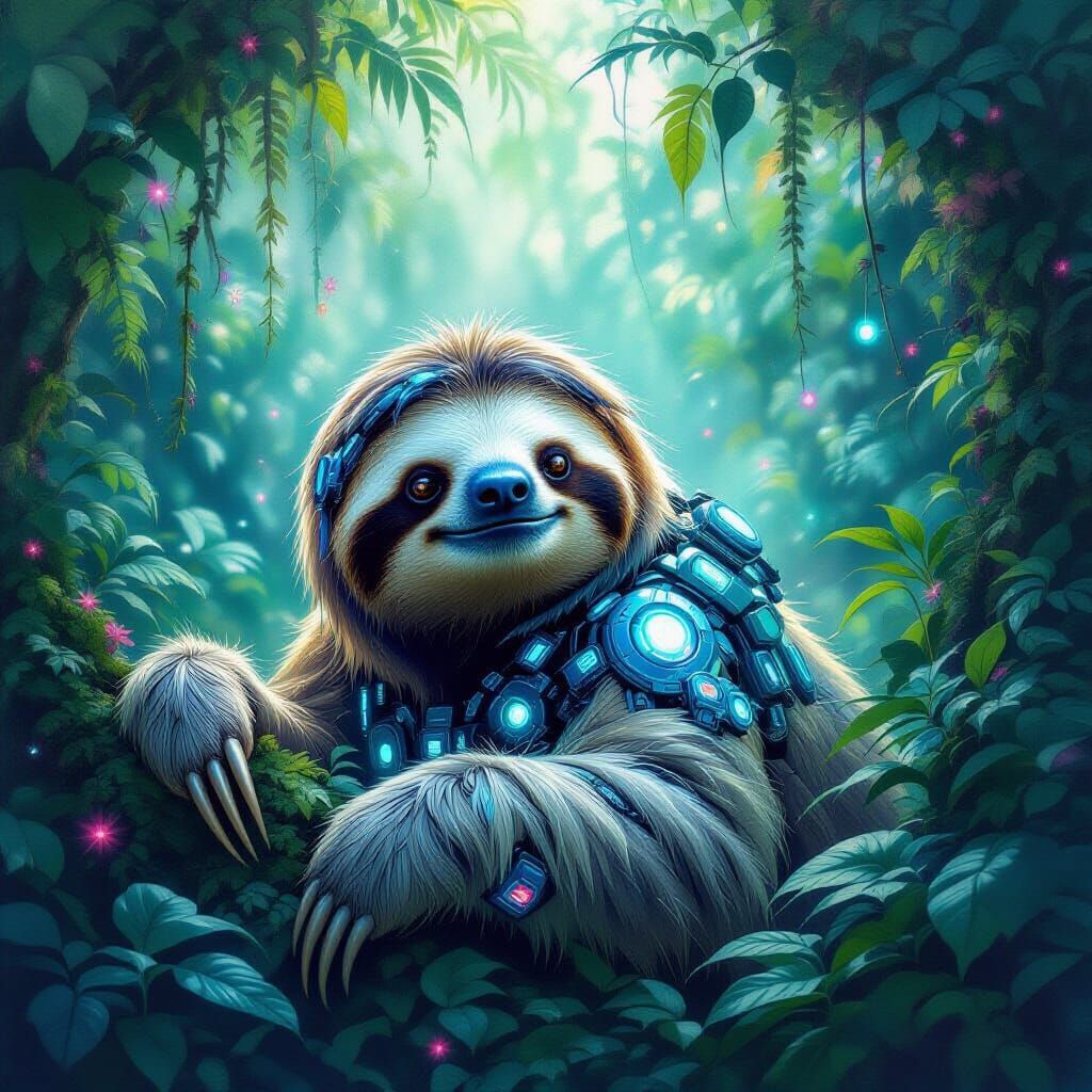 Futuristic Sloth in High-Tech Jungle as Romantic Watercolor