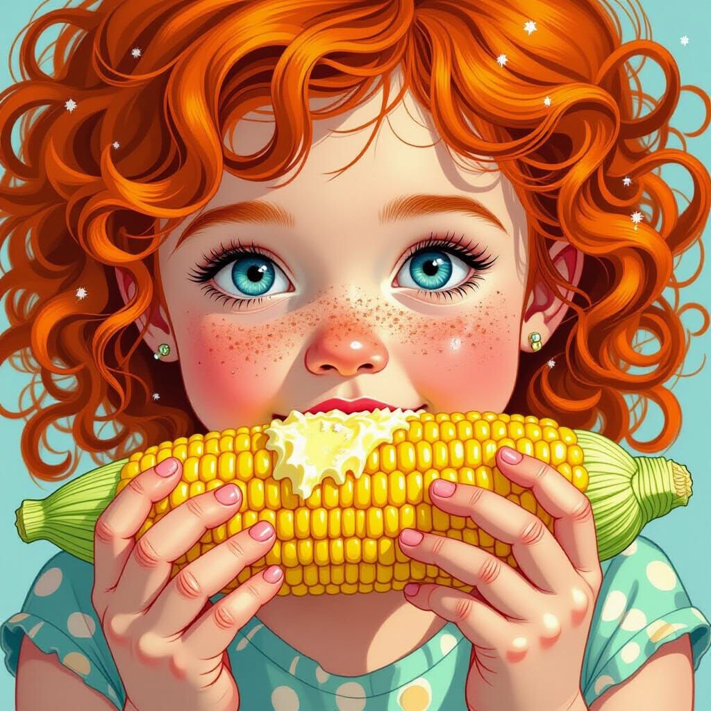 Girl Eating Corn: Hyper-Realistic Comic Book Art