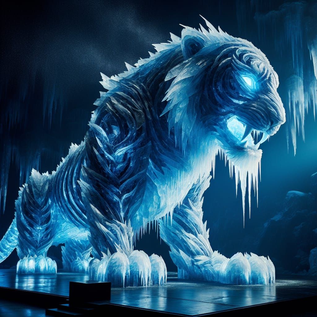 Gigantic Magical Ice Tiger in Dark Setting
