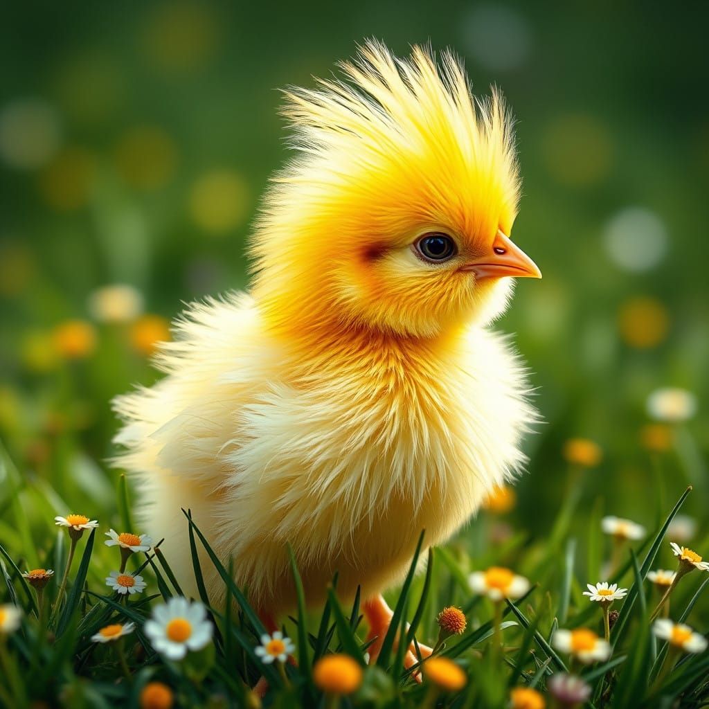 Vibrant Chick in a Spring Meadow