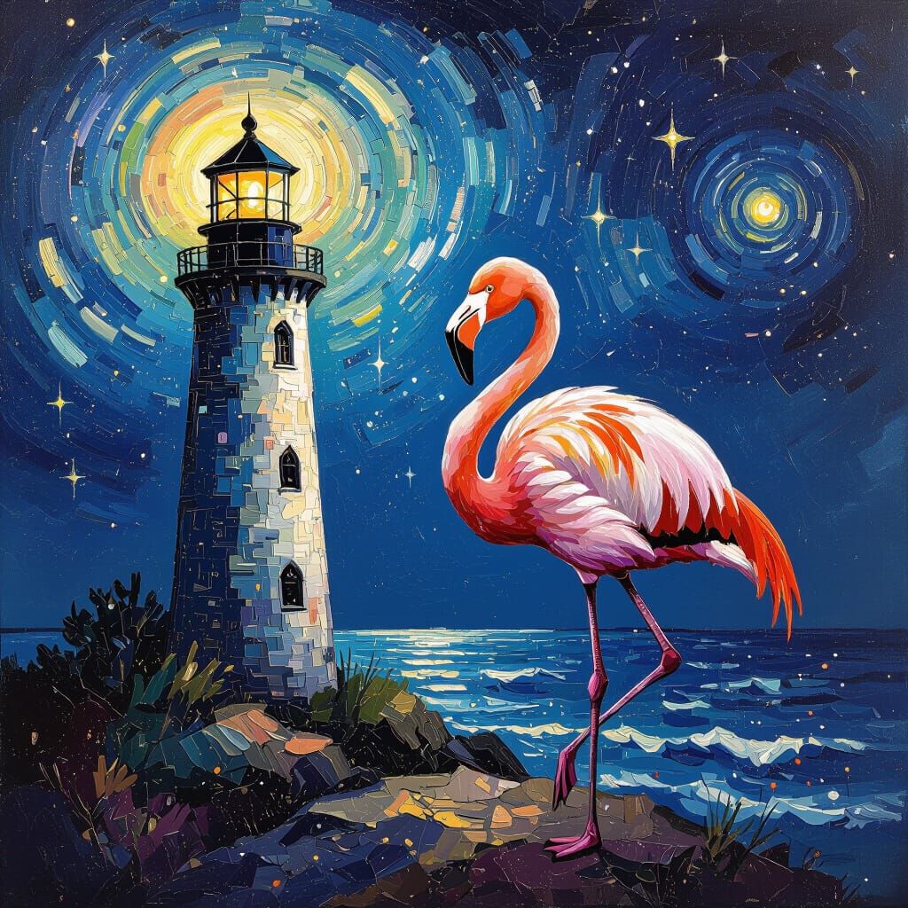 Cosmic Flamingo Beside Nebula Lighthouse