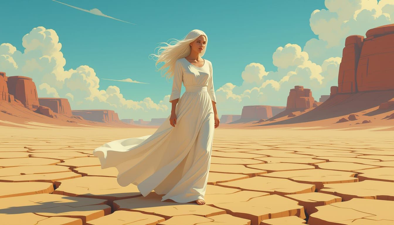 White-Haired Woman in Shifting Barren Landscape