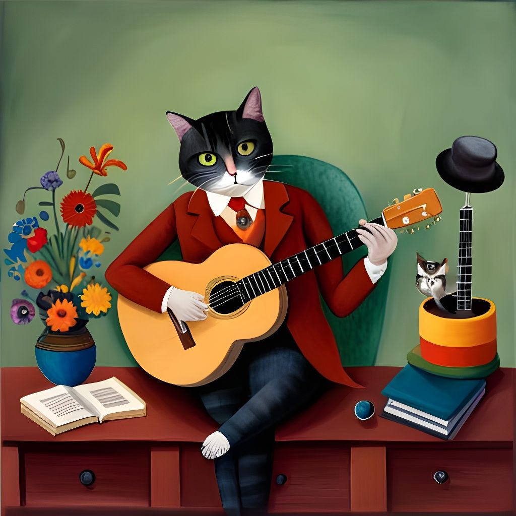 Cat Playing Guitar in Detailed Gouache Style