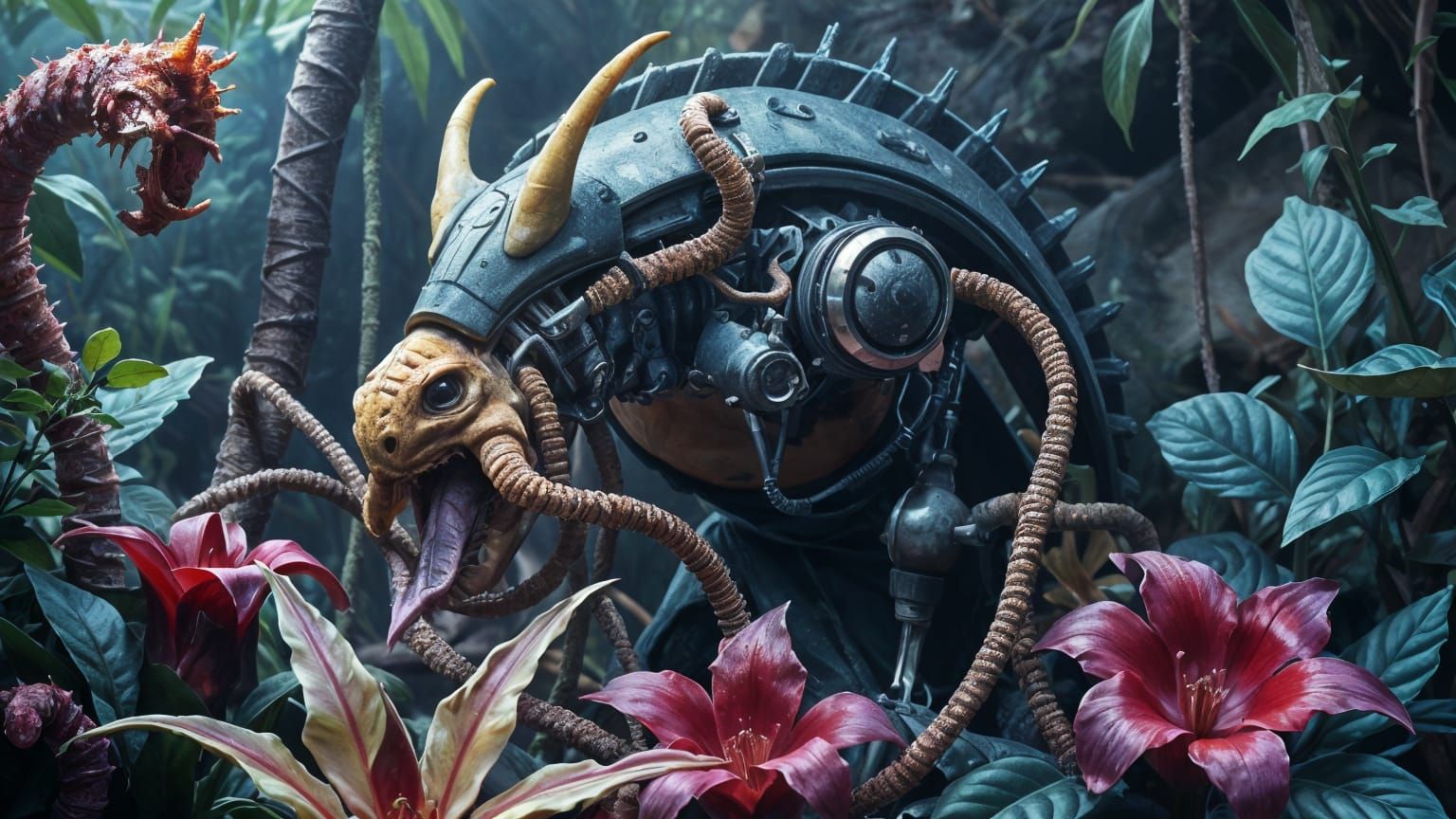 Dreamlike Biomechanical Hybrid in a Vortex of Ethereal Life