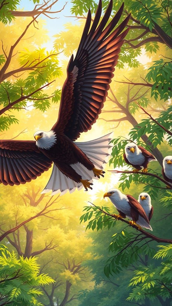 Eagle Spies Young Eagles in Vibrant Forest Anime Art