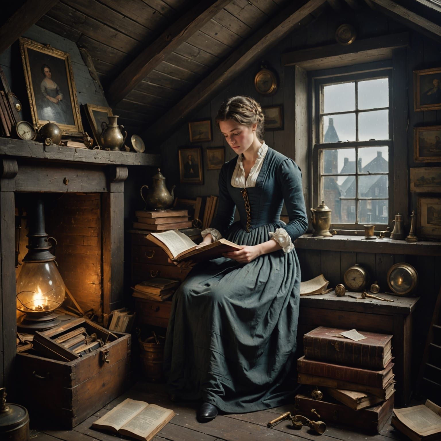 Regency Era Woman Reading in Dusty Attic