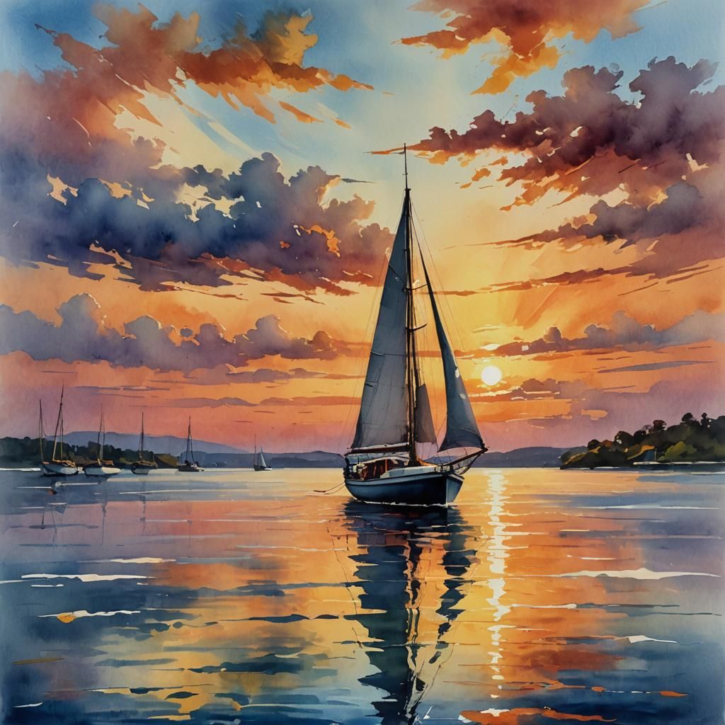 Sailboat at Sunset in Gouache Impressionist Style