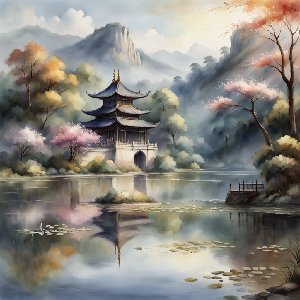 Majestic Lakeside Monastery in Dreamy Watercolour